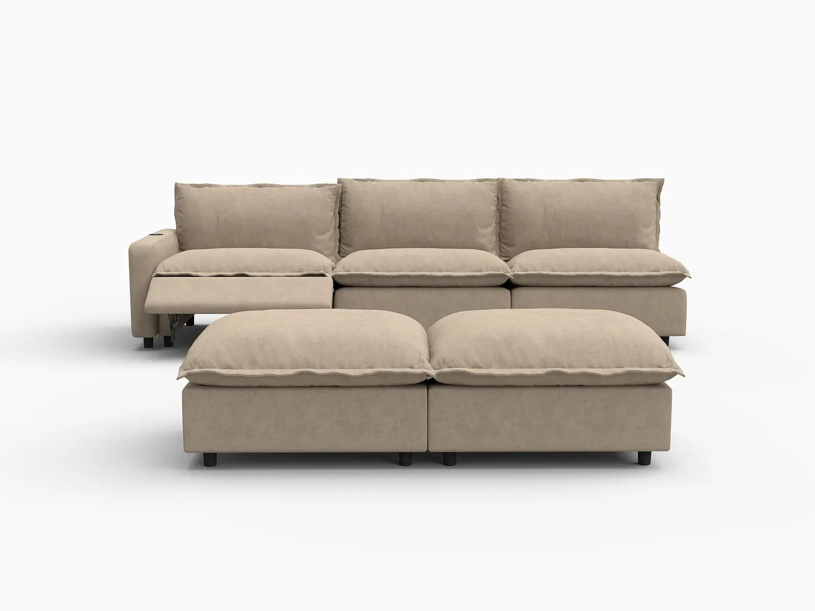 5 Piece Khaki Linen Loft Style Sofa Sets 3 Seater with 2 Ottomans 3
