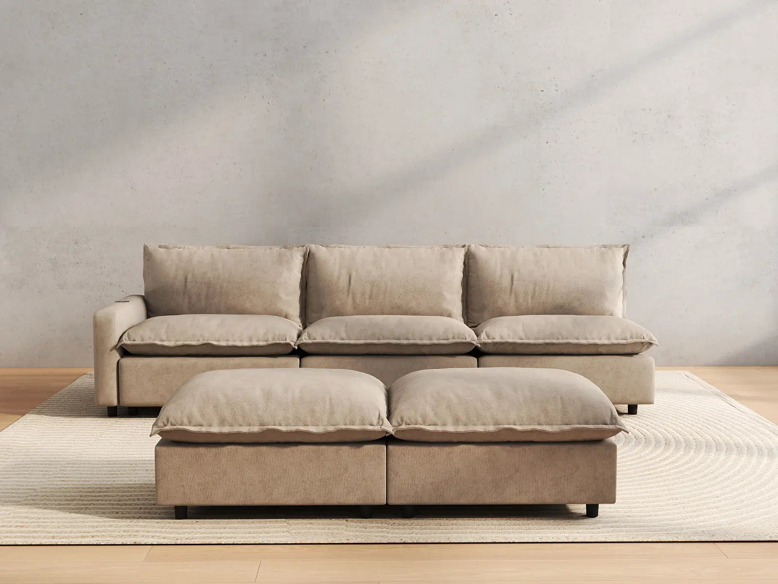 5 Piece Khaki Linen Loft Style Sofa Sets 3 Seater with 2 Ottomans 4