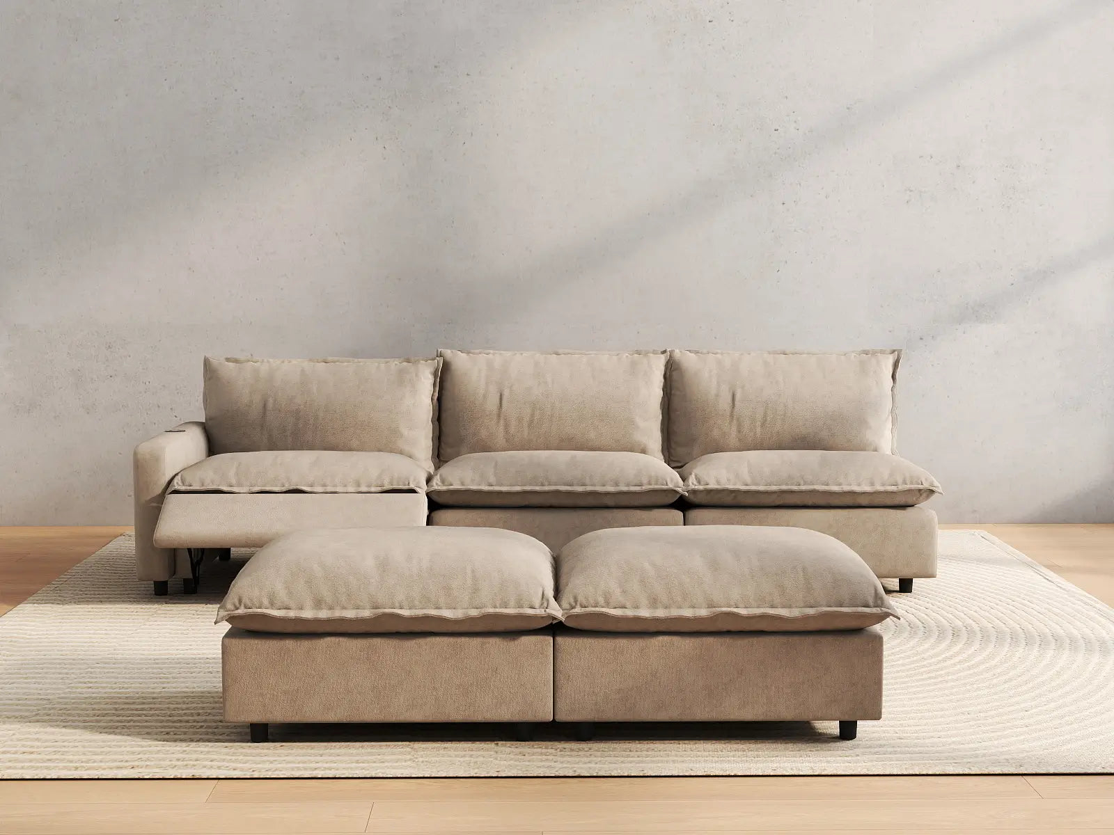5 Piece Khaki Linen Loft Style Sofa Sets 3 Seater with 2 Ottomans 5