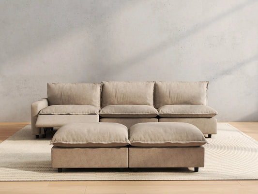 5 Piece Khaki Linen Loft Style Sofa Sets 3 Seater with 2 Ottomans 5