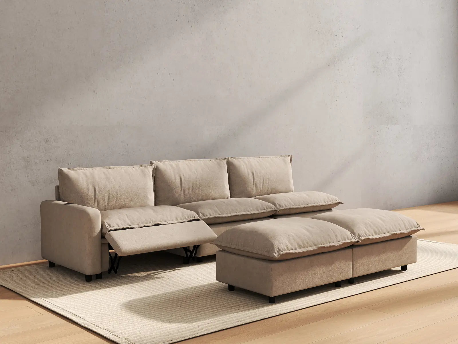 5 Piece Khaki Linen Loft Style Sofa Sets 3 Seater with 2 Ottomans 6