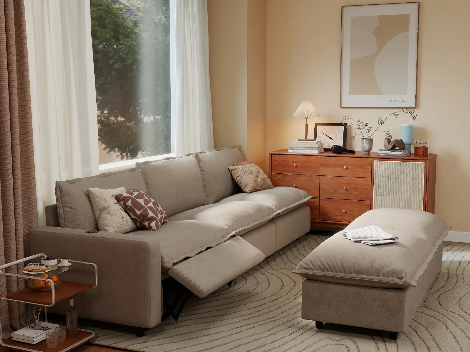 5 Piece Khaki Linen Loft Style Sofa Sets 3 Seater with 2 Ottomans 7