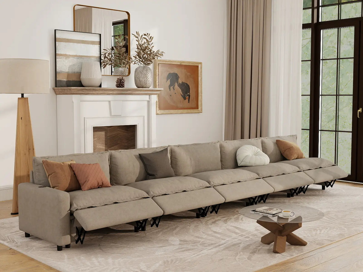 5 Piece Khaki Linen Modular Fit Couch Sectionals 5 Seater 1