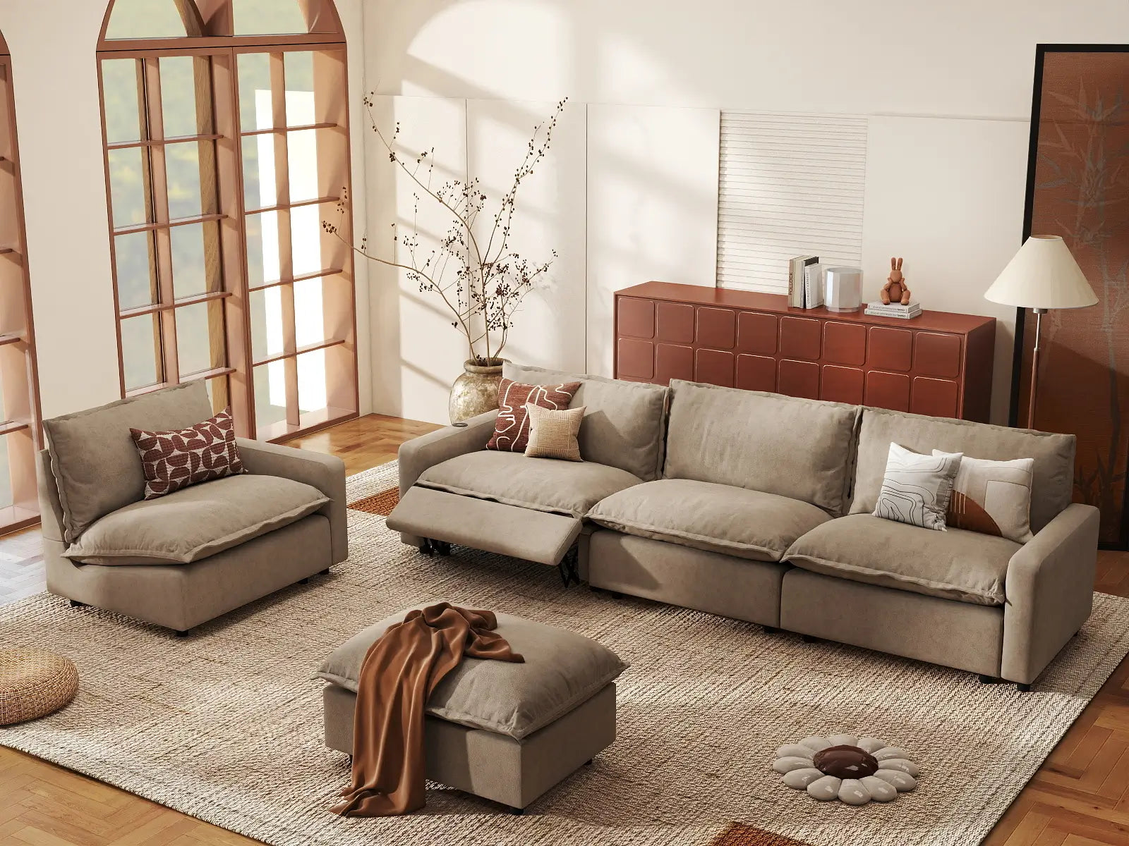 5 Piece Khaki Linen One Touch Control Sofa Sets 4 Seater with 1 Ottoman 1