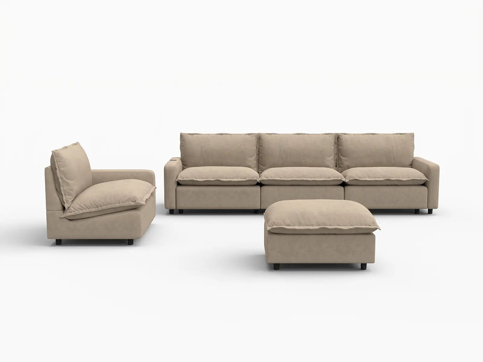 5 Piece Khaki Linen One Touch Control Sofa Sets 4 Seater with 1 Ottoman 2