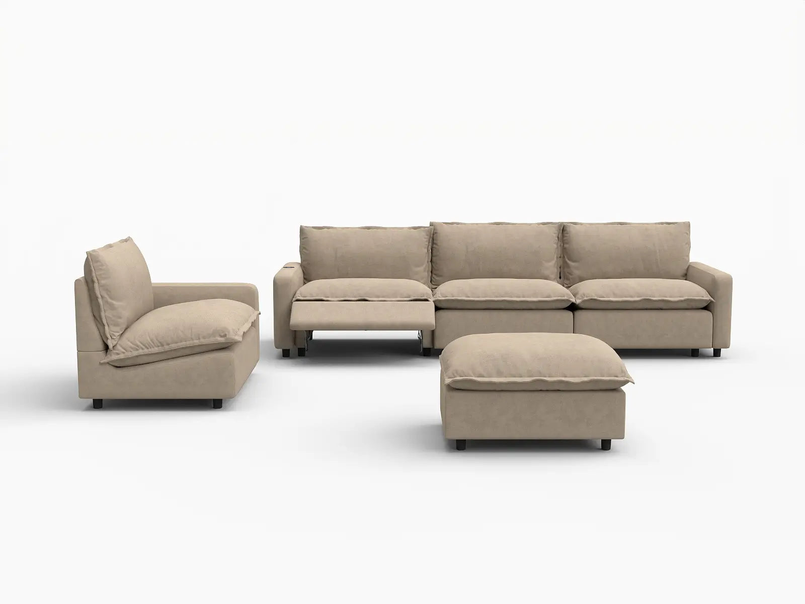 5 Piece Khaki Linen One Touch Control Sofa Sets 4 Seater with 1 Ottoman 3