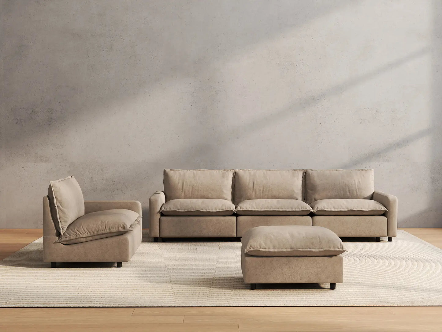 5 Piece Khaki Linen One Touch Control Sofa Sets 4 Seater with 1 Ottoman 4