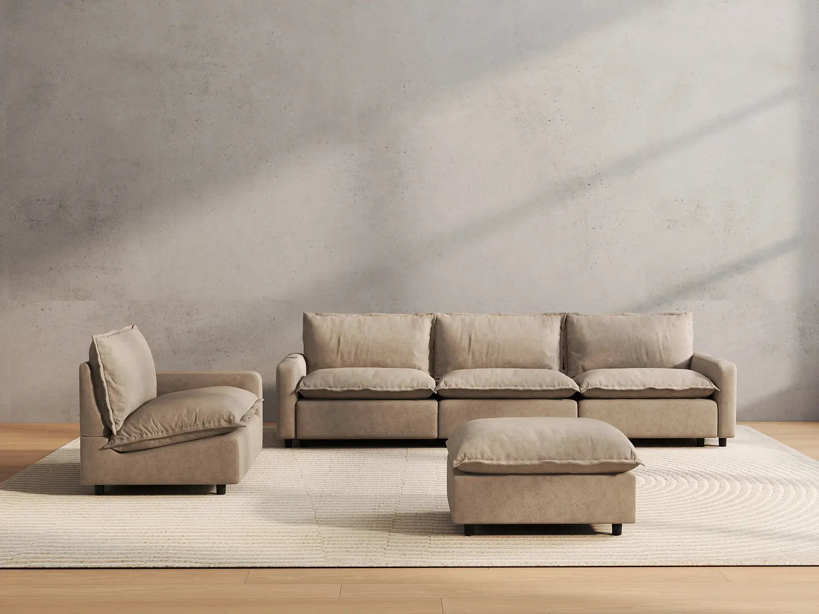 5 Piece Khaki Linen One Touch Control Sofa Sets 4 Seater with 1 Ottoman 4