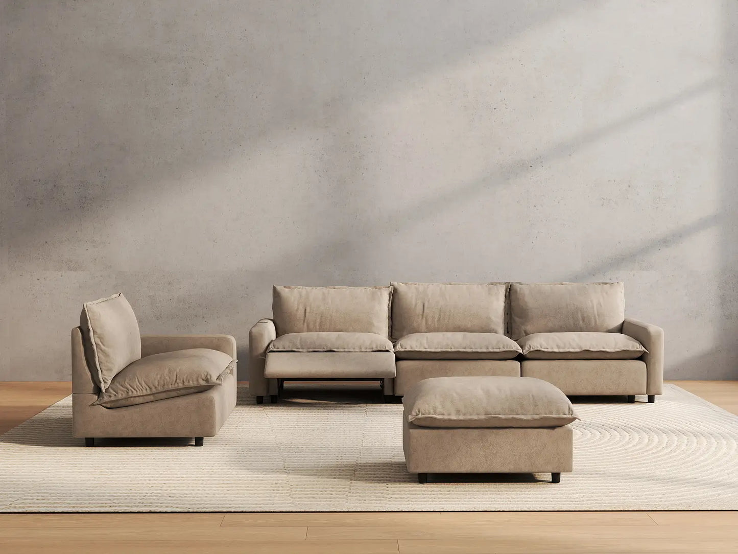 5 Piece Khaki Linen One Touch Control Sofa Sets 4 Seater with 1 Ottoman 5