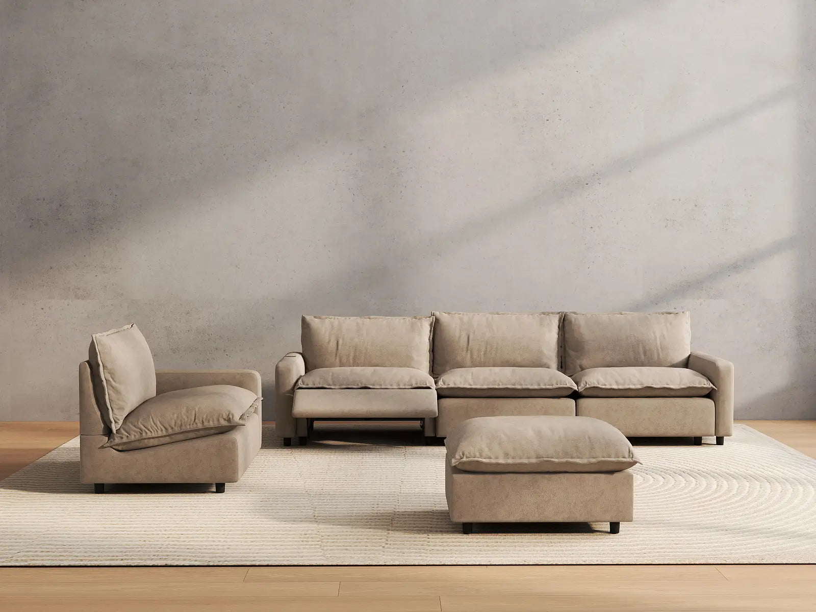 5 Piece Khaki Linen One Touch Control Sofa Sets 4 Seater with 1 Ottoman 5