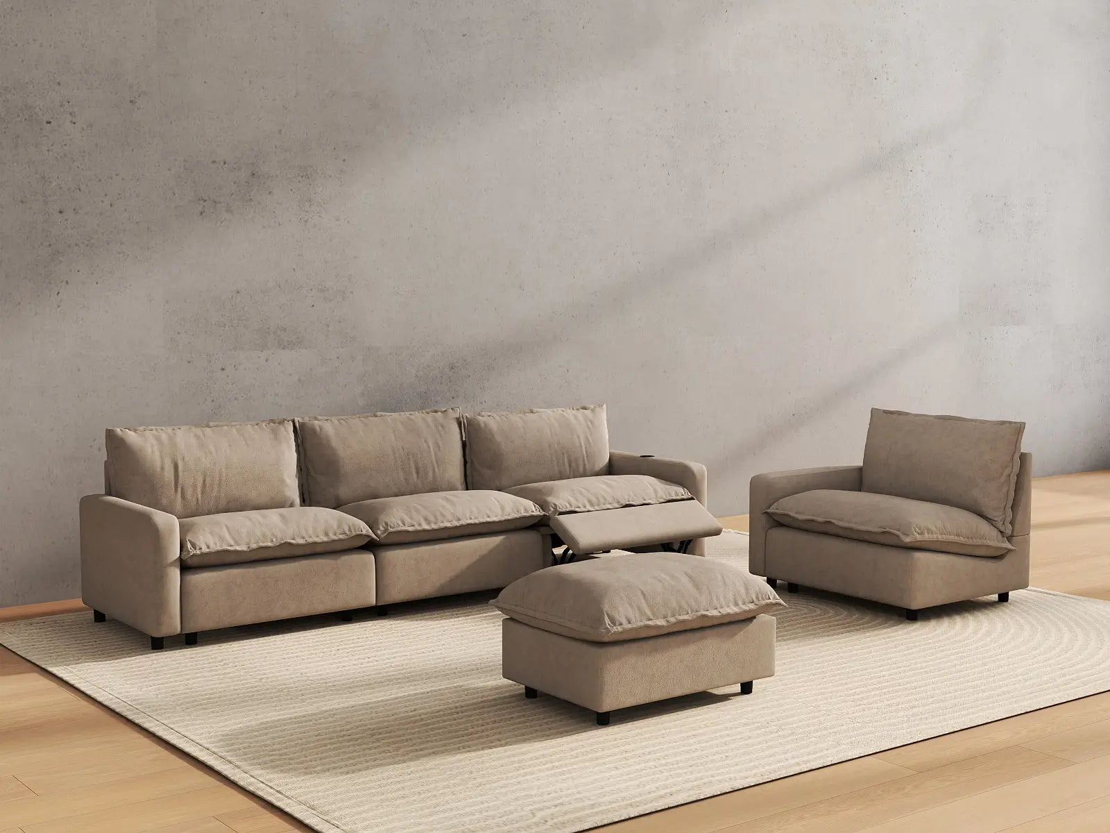 5 Piece Khaki Linen One Touch Control Sofa Sets 4 Seater with 1 Ottoman 6