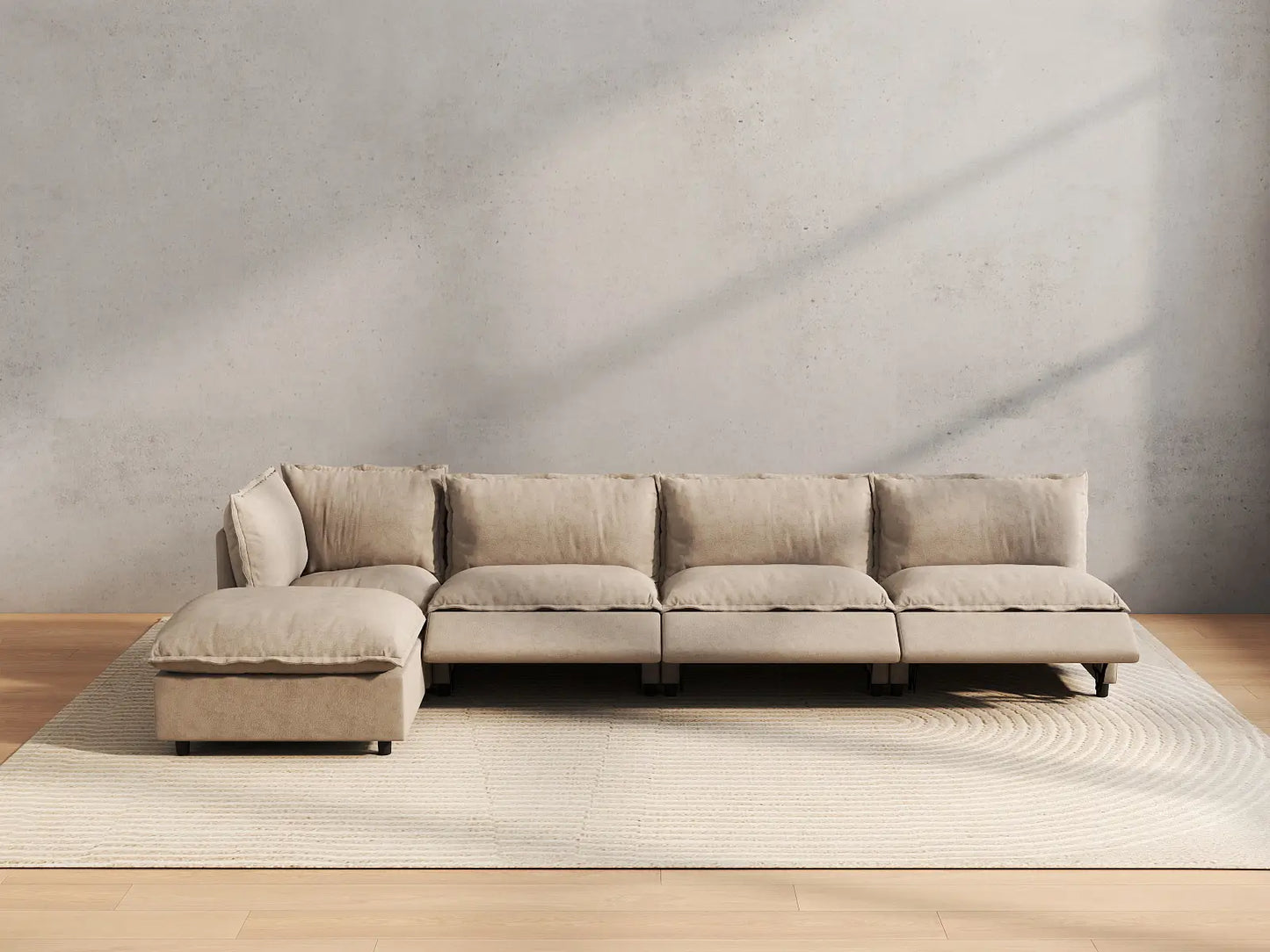 5 Piece Khaki Linen Smart Layout Fit L Shaped Sectionals 4 Seater with 1 Ottoman 5