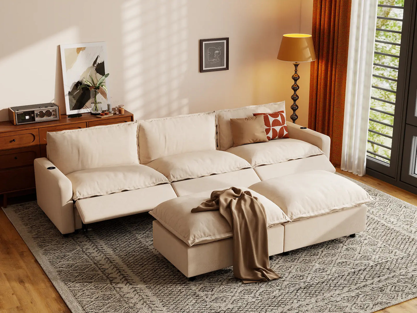 Modular Cero Sectional Sofa with Chaise and Recliner | 5-Piece Beige Linen Grand Estate U-Shaped Sectionals 3-Seater with 2-Ottomans