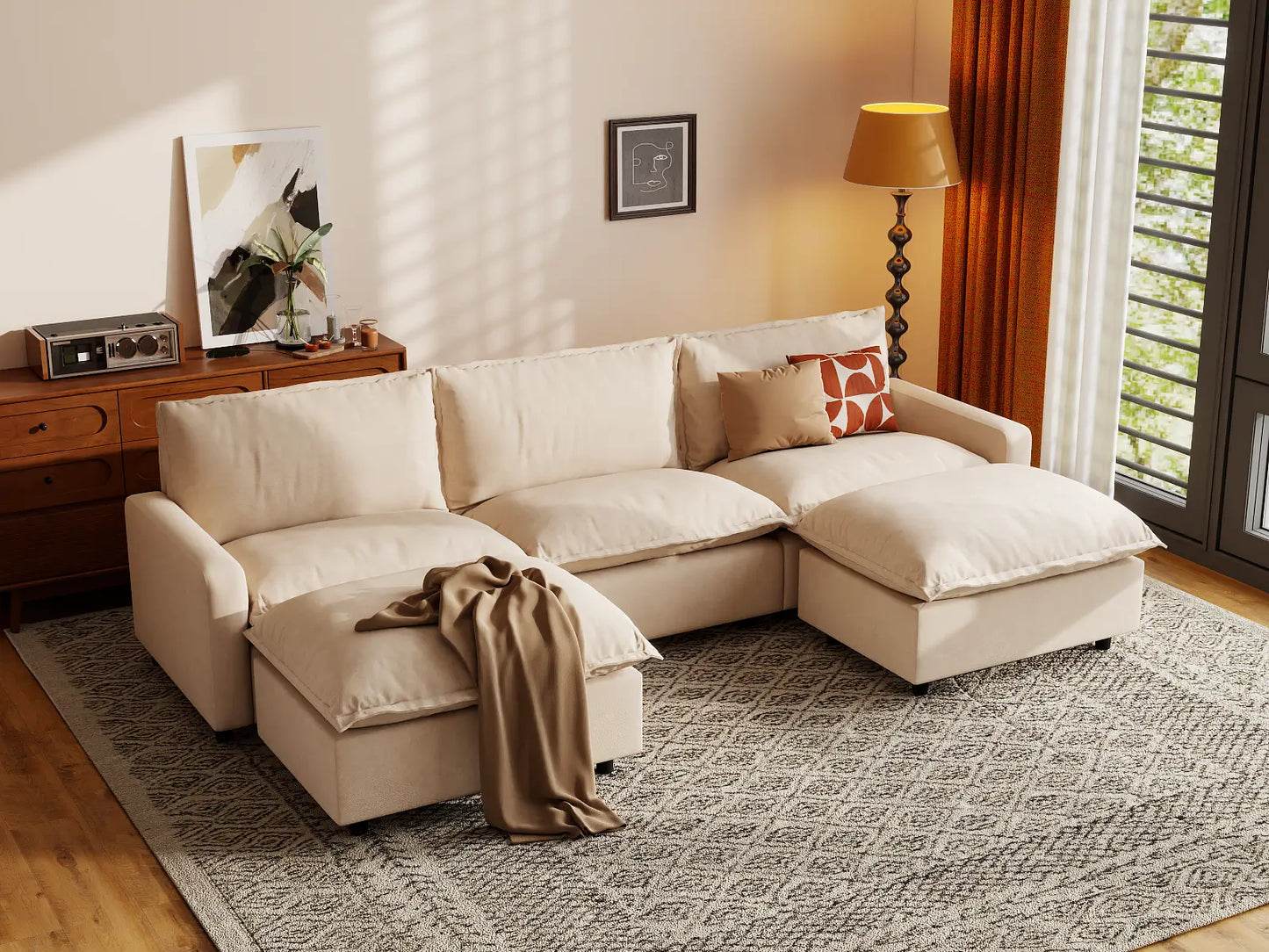 Modular Cero Modular Sectionals | 5-Piece Beige Linen Grand Estate U-Shaped Sectionals 3-Seater with 2-Ottomans