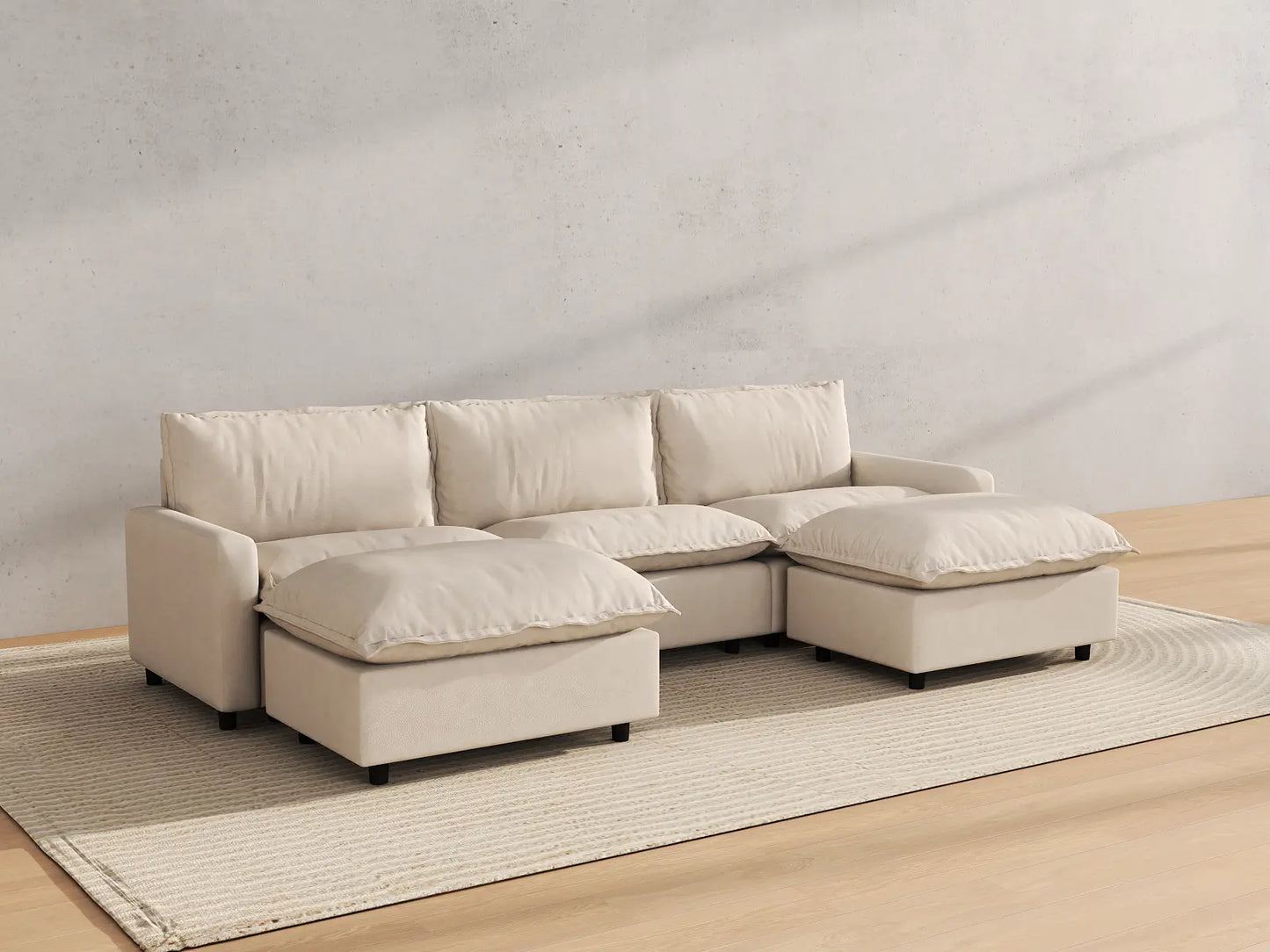 Modular Cero Modular Sectionals | 5-Piece Beige Linen Grand Estate U-Shaped Sectionals 3-Seater with 2-Ottomans