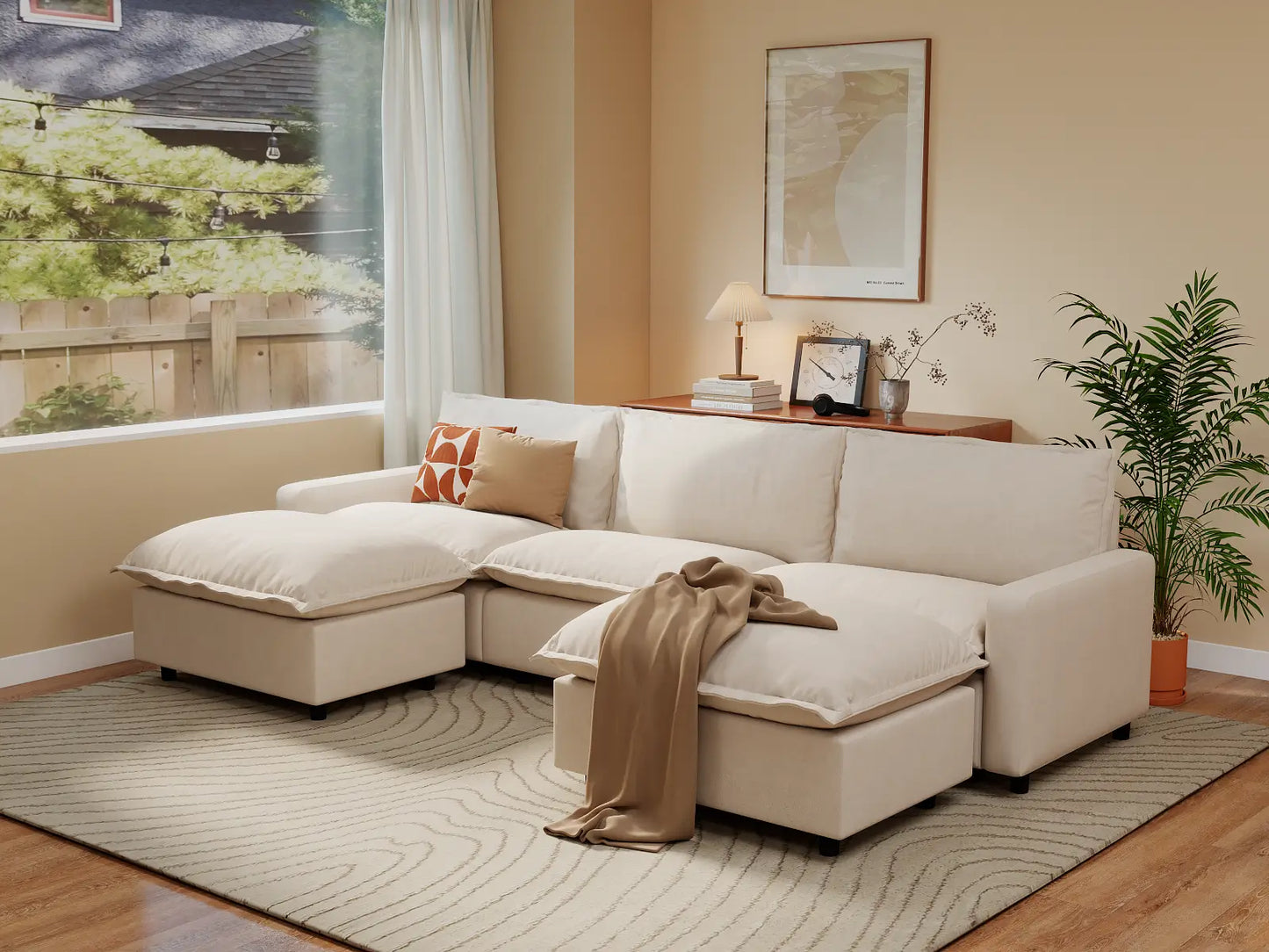 Modular Cero Modular Sectionals | 5-Piece Beige Linen Grand Estate U-Shaped Sectionals 3-Seater with 2-Ottomans