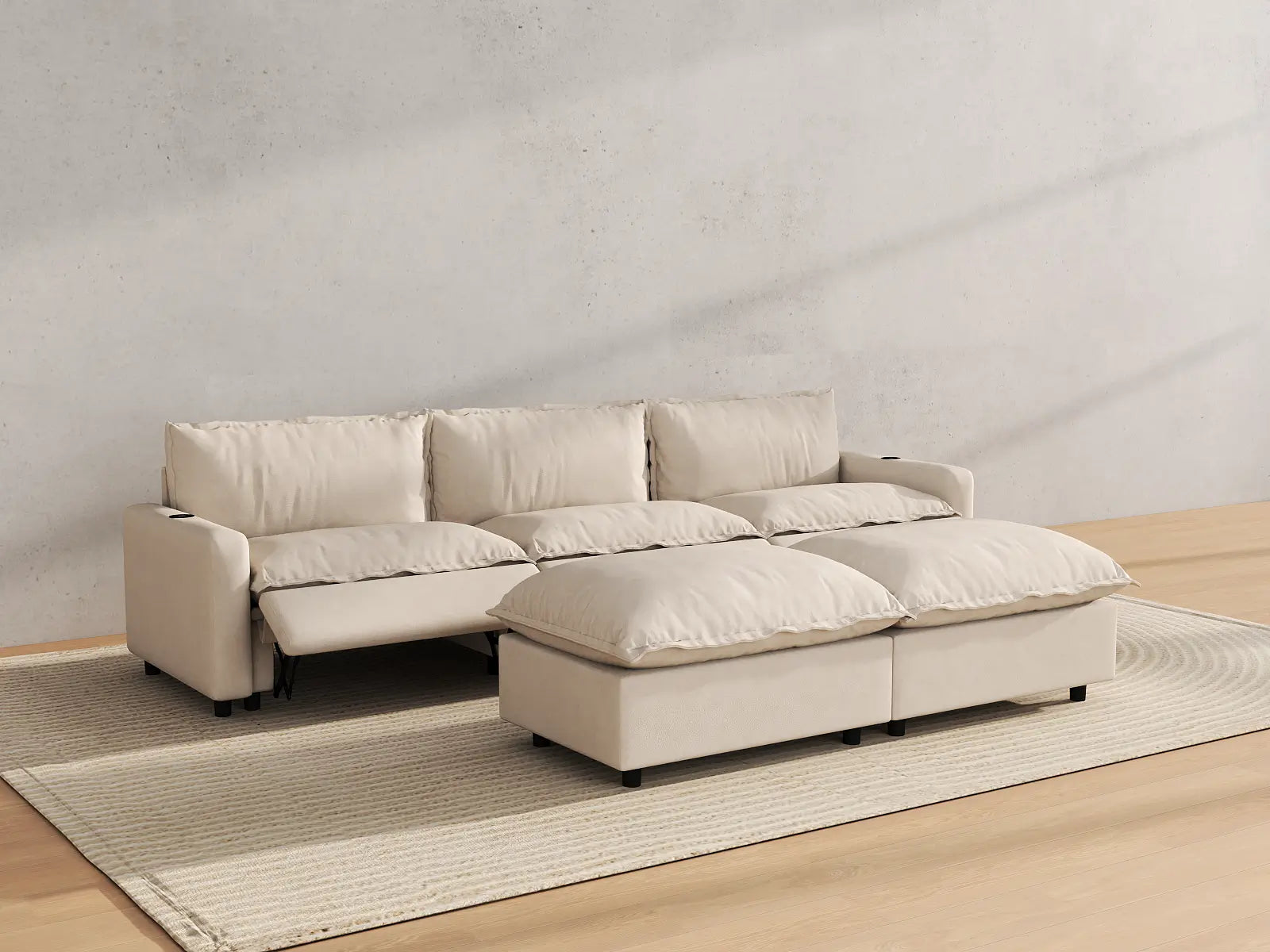 Modular Cero Sectional Sofa with Chaise and Recliner | 5-Piece Beige Linen Grand Estate U-Shaped Sectionals 3-Seater with 2-Ottomans