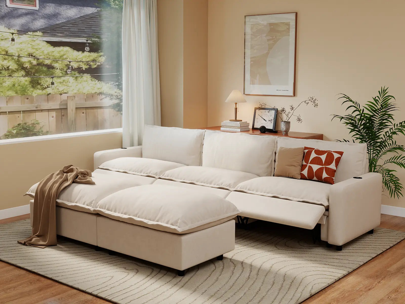 Modular Cero Sectional Sofa with Chaise and Recliner | 5-Piece Beige Linen Grand Estate U-Shaped Sectionals 3-Seater with 2-Ottomans