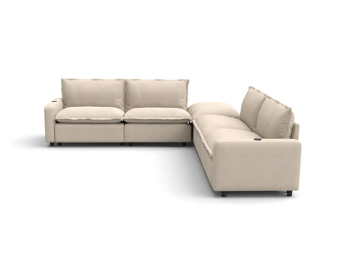 Modular Cero Reclining Sectionals | 5-Piece Beige Linen Grand Estate V-Shaped Sectionals 4-Seater with 1-Ottoman