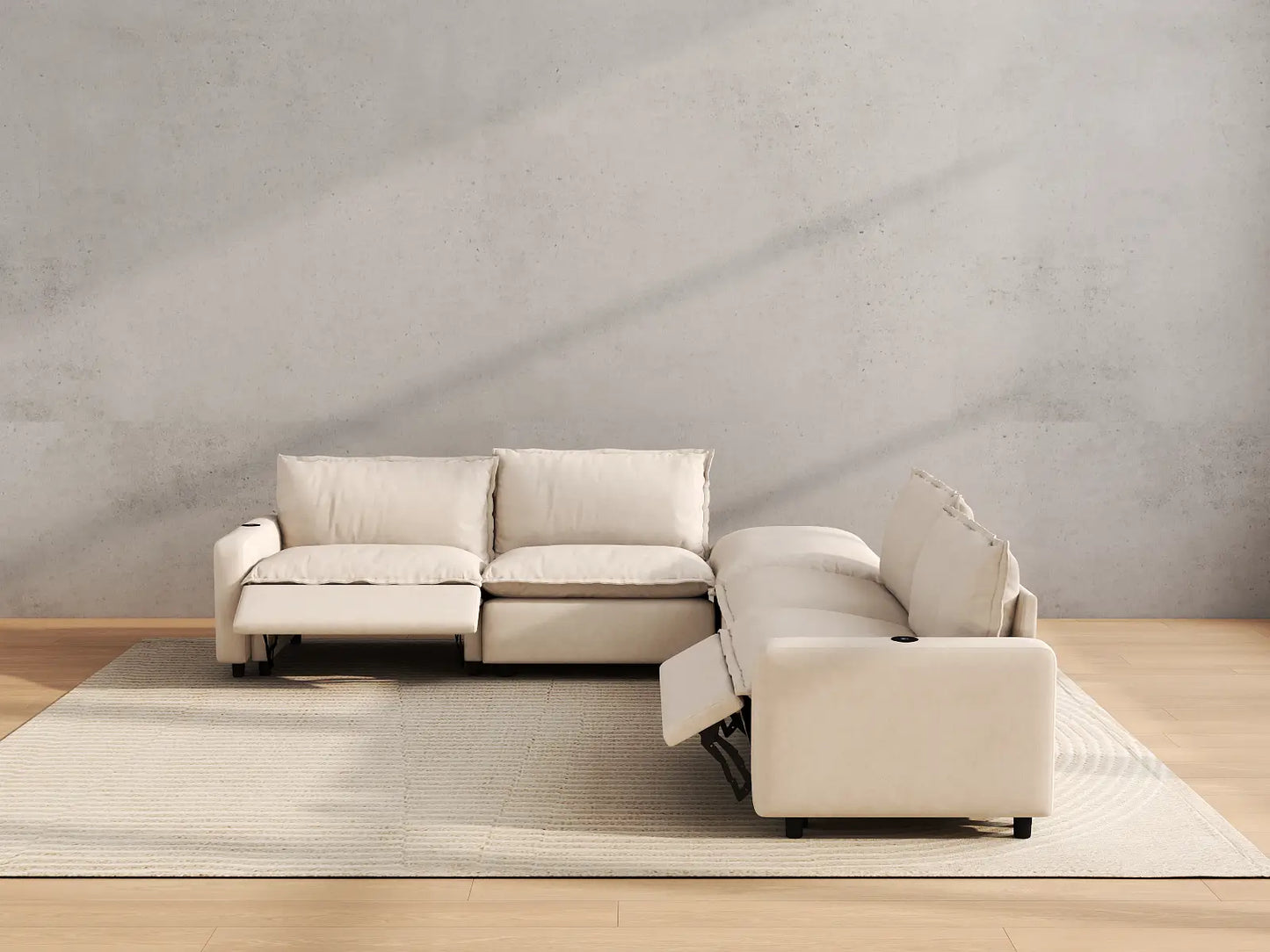 Modular Cero Reclining Sectionals | 5-Piece Beige Linen Grand Estate V-Shaped Sectionals 4-Seater with 1-Ottoman