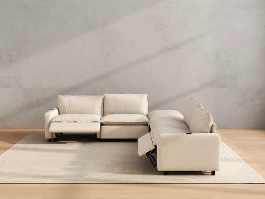 Modular Cero Reclining Sectionals | 5-Piece Beige Linen Grand Estate V-Shaped Sectionals 4-Seater with 1-Ottoman