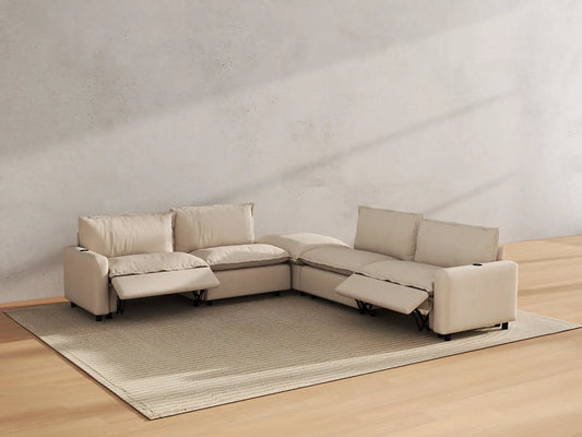 Modular Cero Reclining Sectionals | 5-Piece Beige Linen Grand Estate V-Shaped Sectionals 4-Seater with 1-Ottoman