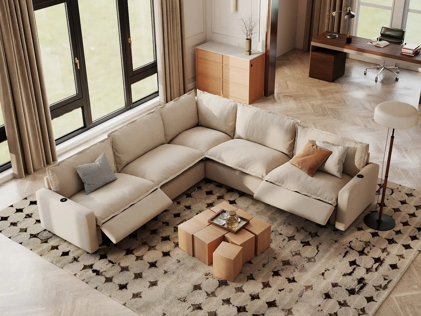 Modular Cero Reclining Sectional Sofa | 5-Piece Beige Linen Grand Estate V-Shaped Sectionals 5-Seater