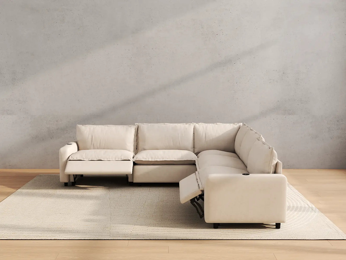Modular Cero Reclining Sectional Sofa | 5-Piece Beige Linen Grand Estate V-Shaped Sectionals 5-Seater