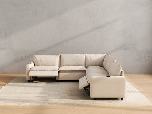 Modular Cero Reclining Sectionals | 5-Piece Beige Linen Grand Estate V-Shaped Sectionals 5-Seater