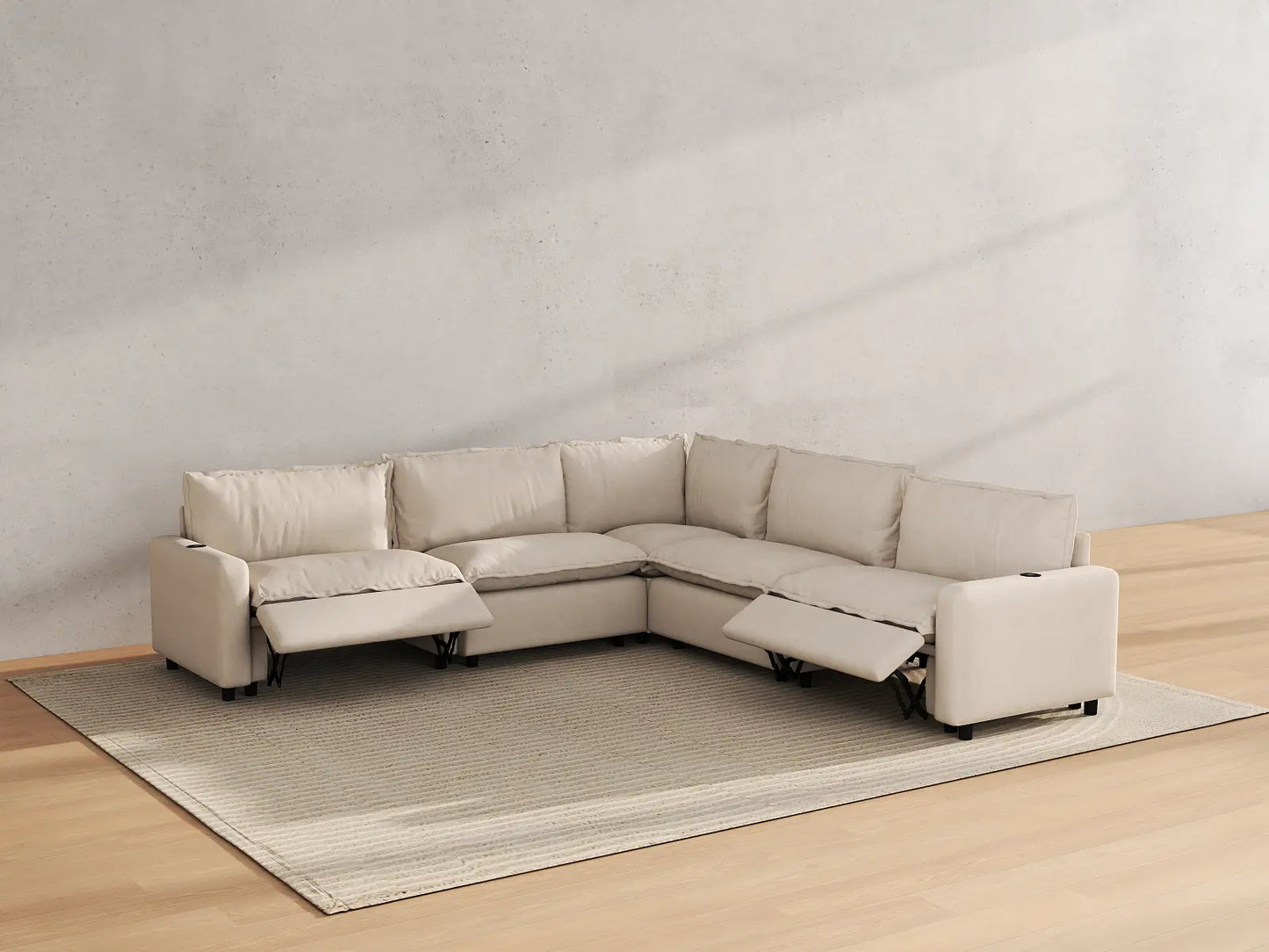 Modular Cero Reclining Sectional Sofa | 5-Piece Beige Linen Grand Estate V-Shaped Sectionals 5-Seater