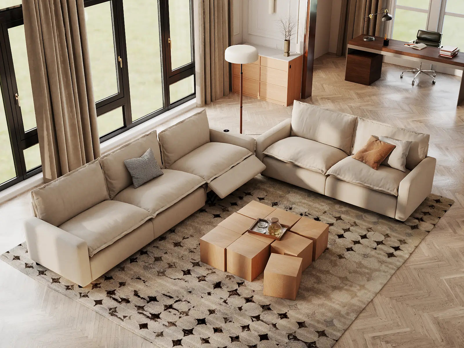 Modular Cero Corner Sectional with Recliner | 5-Piece Beige Linen Home Living Corner Sectionals 5-Seater