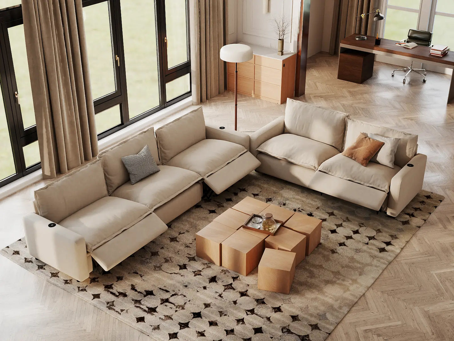 Modular Cero Reclining Sectionals | 5-Piece Beige Linen Home Living Corner Sectionals 5-Seater