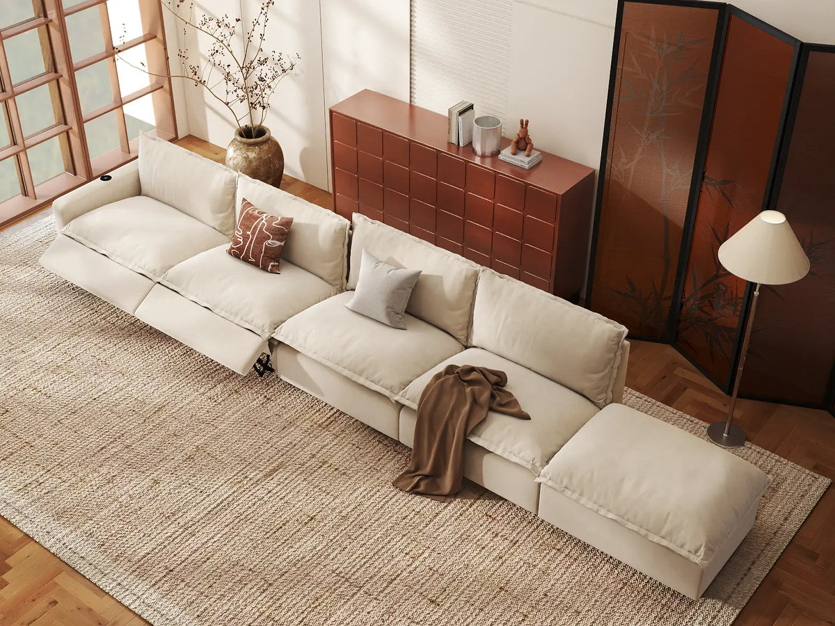 Modular Cero Reclining Sectionals | 5-Piece Beige Linen Home Living Couch Sectionals 4-Seater with 1-Ottoman