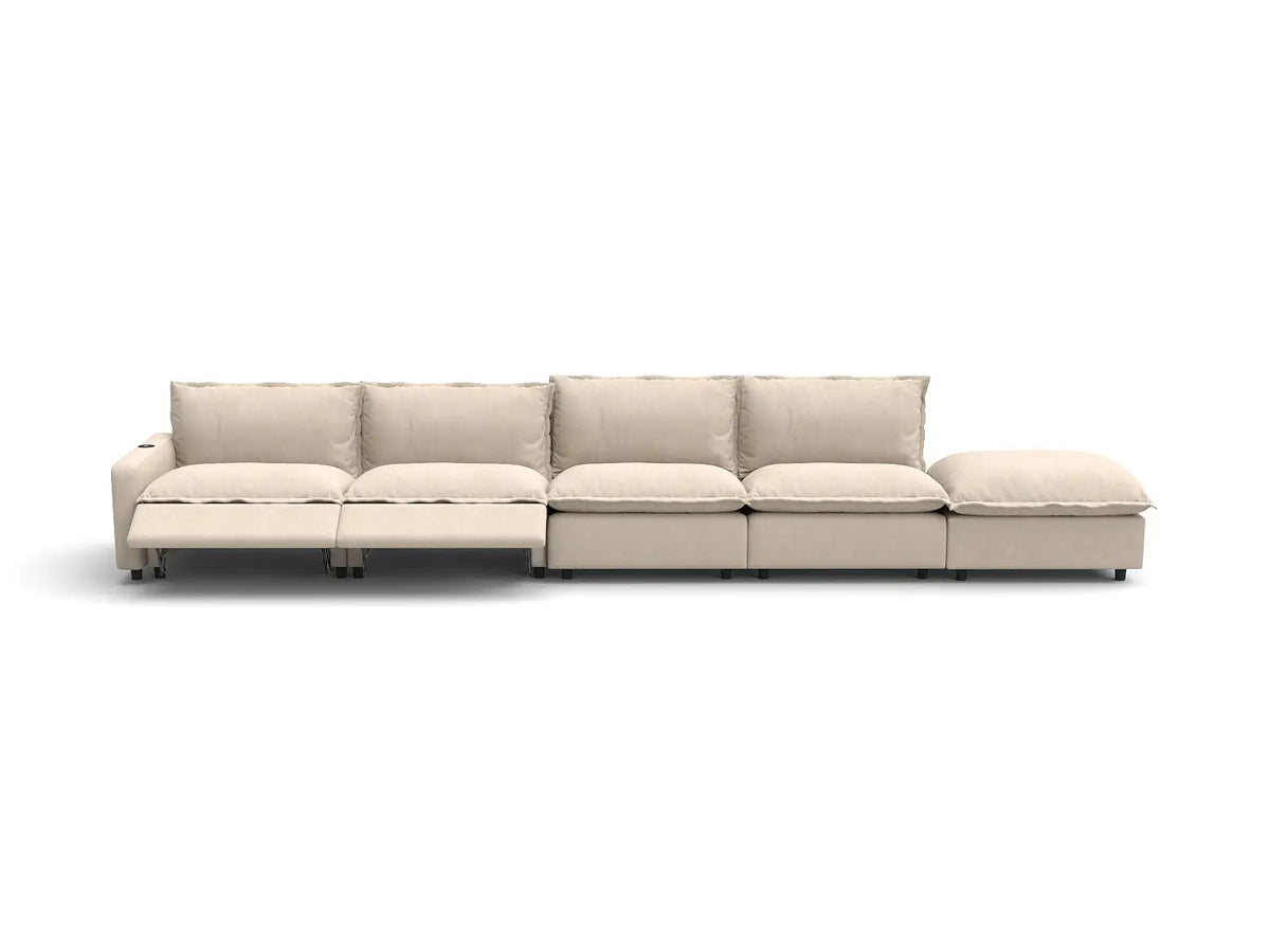 Modular Cero Reclining Sectionals | 5-Piece Beige Linen Home Living Couch Sectionals 4-Seater with 1-Ottoman