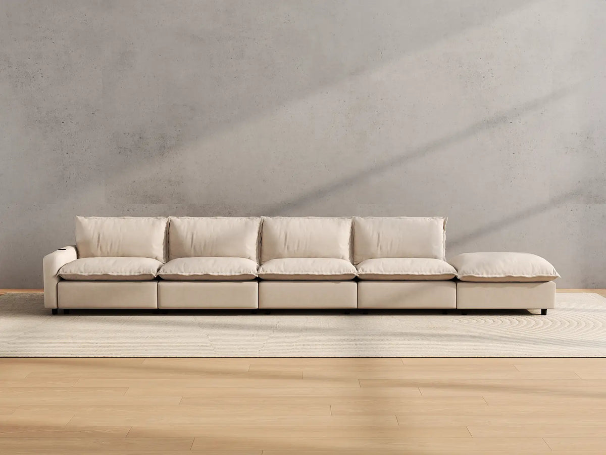 Modular Cero Reclining Sectionals | 5-Piece Beige Linen Home Living Couch Sectionals 4-Seater with 1-Ottoman