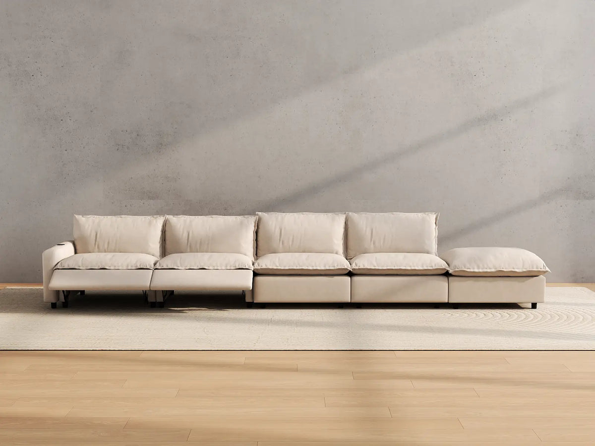 Modular Cero Reclining Sectionals | 5-Piece Beige Linen Home Living Couch Sectionals 4-Seater with 1-Ottoman