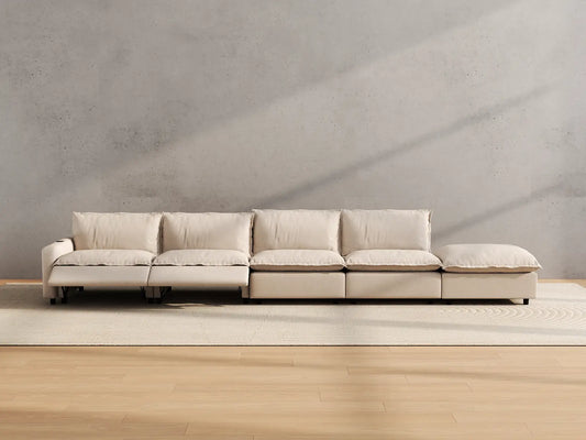 Modular Cero Reclining Sectionals | 5-Piece Beige Linen Home Living Couch Sectionals 4-Seater with 1-Ottoman