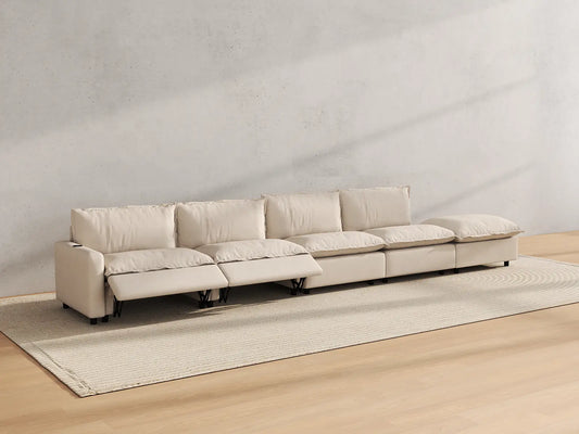 Modular Cero Reclining Sectionals | 5-Piece Beige Linen Home Living Couch Sectionals 4-Seater with 1-Ottoman