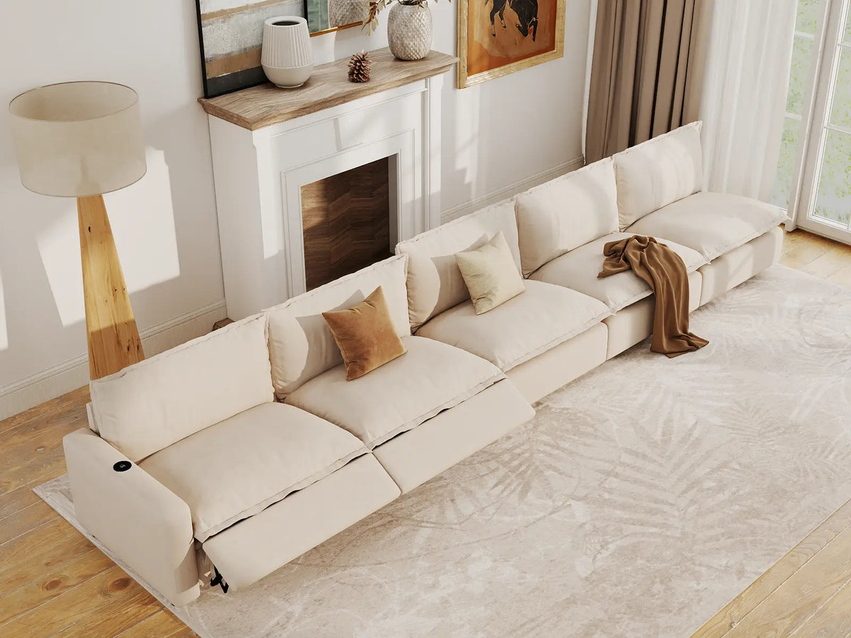 Modular Cero Large Reclining Sectional Couch | 5-Piece Beige Linen Home Living Couch Sectionals 5-Seater