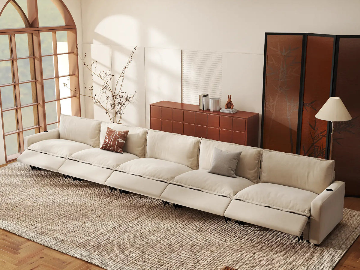 Modular Cero Reclining Sectionals | 5-Piece Beige Linen Home Living Couch Sectionals 5-Seater