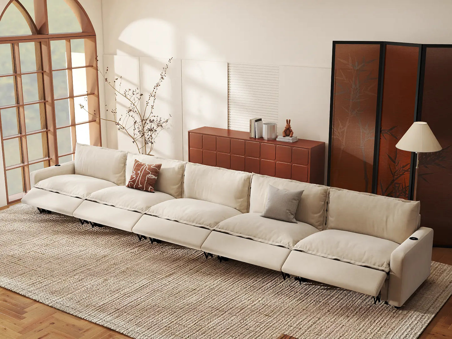 Modular Cero Reclining Sectionals | 5-Piece Beige Linen Home Living Couch Sectionals 5-Seater