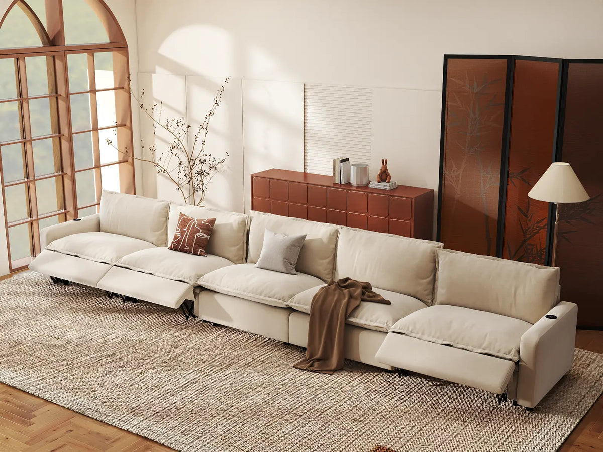 Modular Cero Reclining Sectionals | 5-Piece Beige Linen Home Living Couch Sectionals 5-Seater