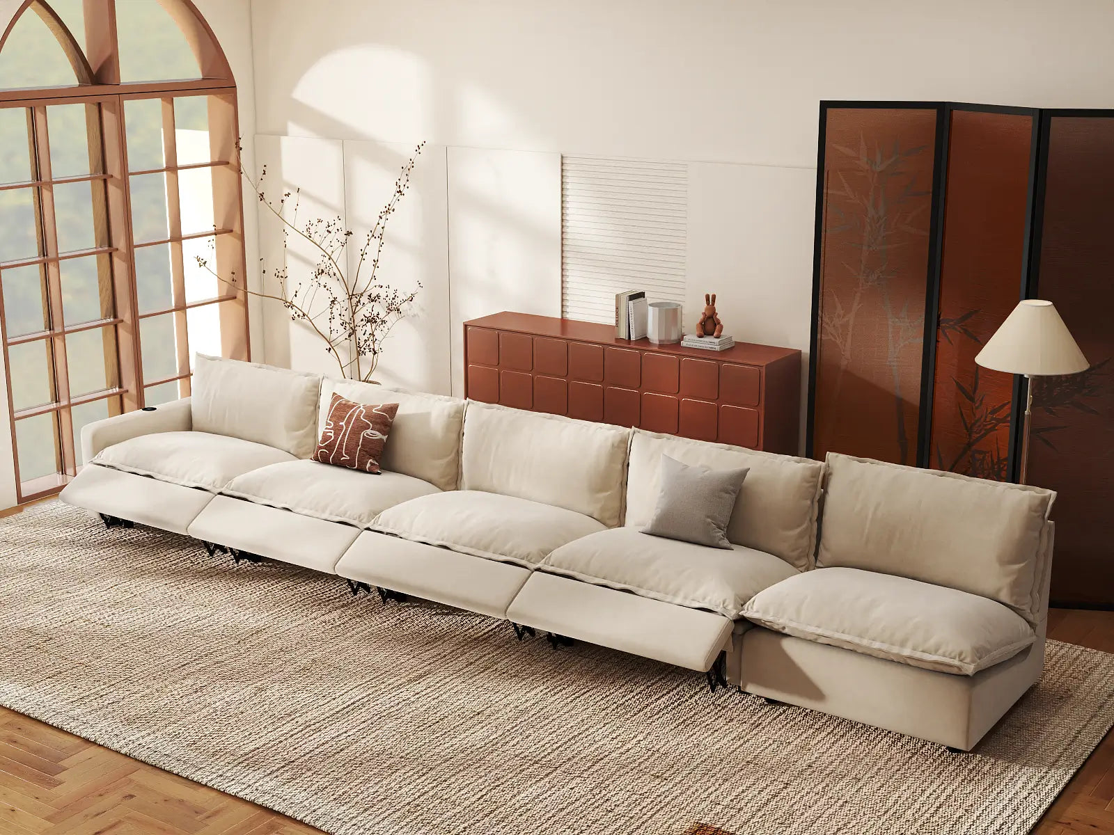 Modular Cero Recliner Sectional Couch | 5-Piece Beige Linen Home Living Couch Sectionals 5-Seater