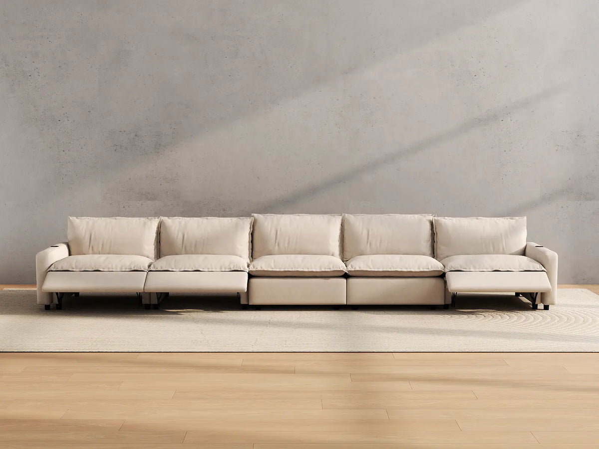 Modular Cero Reclining Sectionals | 5-Piece Beige Linen Home Living Couch Sectionals 5-Seater