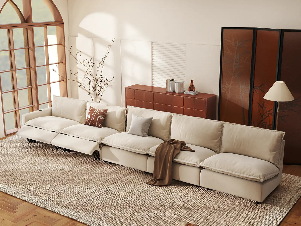 Modular Cero Large Reclining Sectional Couch | 5-Piece Beige Linen Home Living Couch Sectionals 5-Seater
