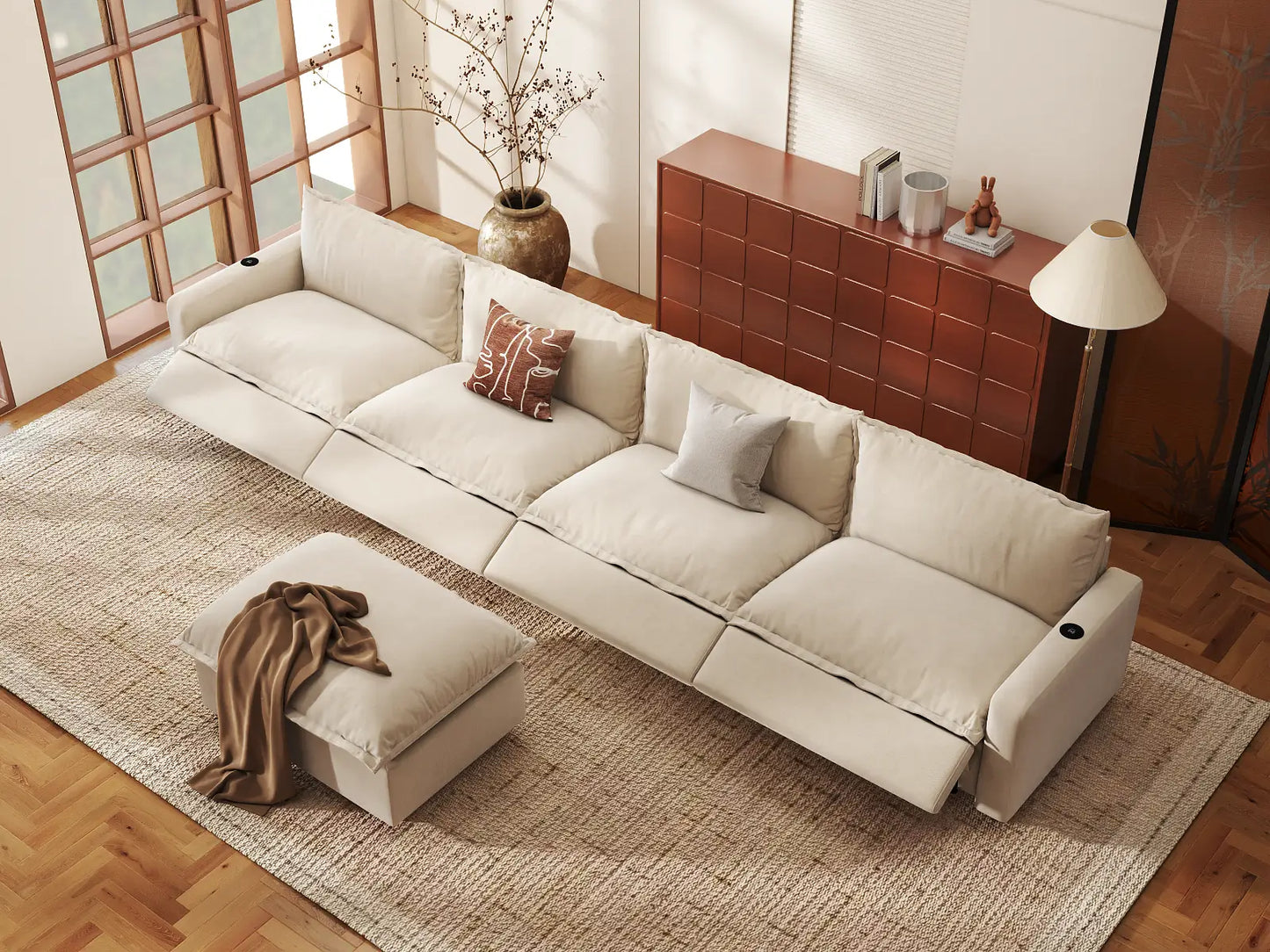 Modular Cero Reclining Sectionals | 5-Piece Beige Linen Home Living L-Shaped Sectionals 4-Seater with 1-Ottoman