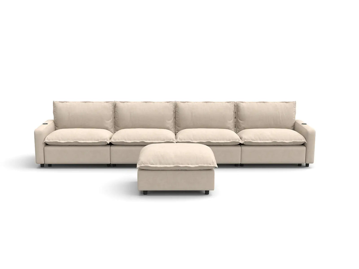 Modular Cero Reclining Sectionals | 5-Piece Beige Linen Home Living L-Shaped Sectionals 4-Seater with 1-Ottoman