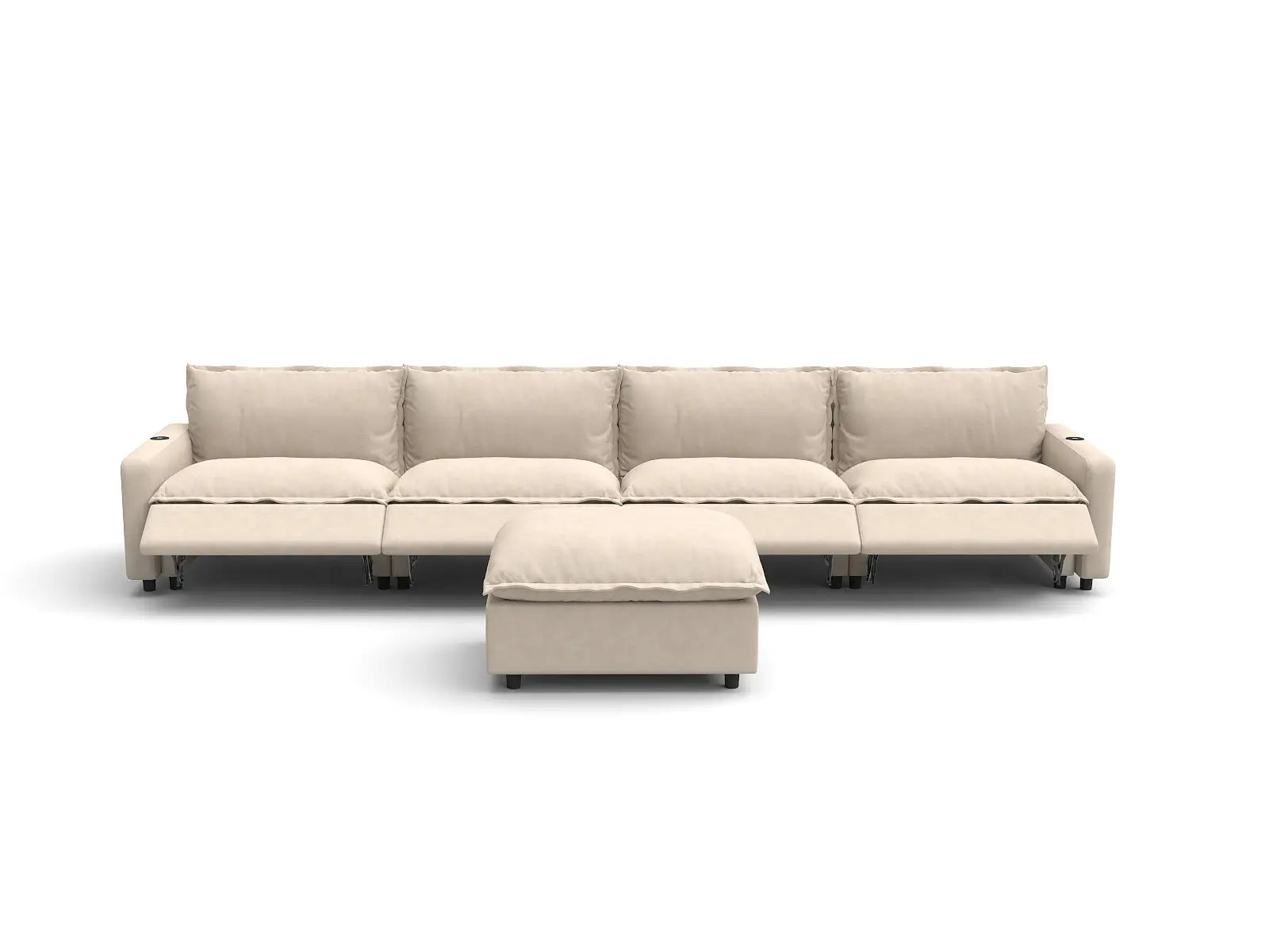 Modular Cero Sectional Couch with Chaise and Recliner | 5-Piece Beige Linen Home Living L-Shaped Sectionals 4-Seater with 1-Ottoman