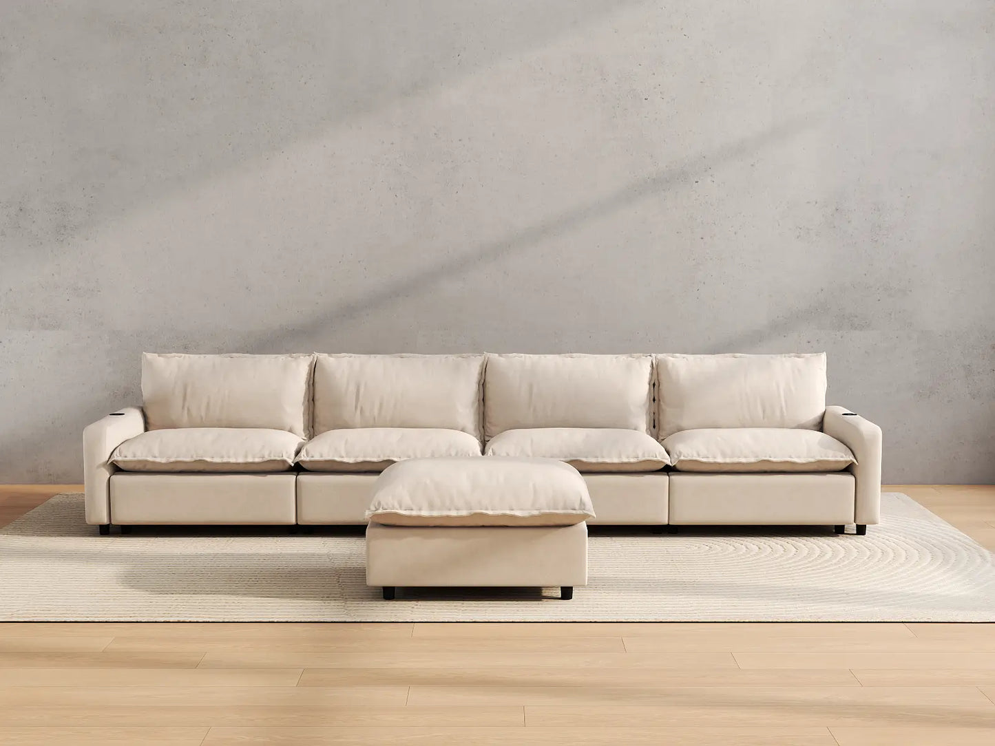 Modular Cero Reclining Sectionals | 5-Piece Beige Linen Home Living L-Shaped Sectionals 4-Seater with 1-Ottoman