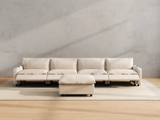 Modular Cero Reclining Sectionals | 5-Piece Beige Linen Home Living L-Shaped Sectionals 4-Seater with 1-Ottoman